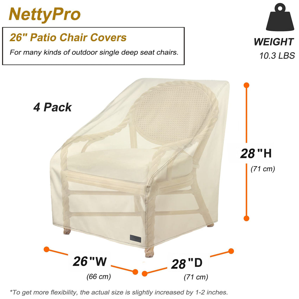 Nettypro Waterproof Patio Chair Covers 4 Pack, 600D Heavy Duty Outdoor Seat Cover, 26W X 28W X 28H Inch, Beige