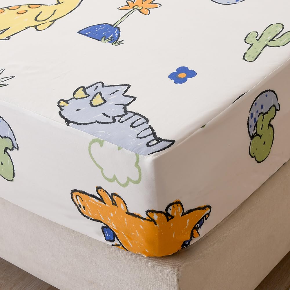 Naturety Bedding Fitted Sheet With Deep Pocket,Dinosuar Printed Thicken Fabric Bed Sheets (Colorful Dino, Twin)