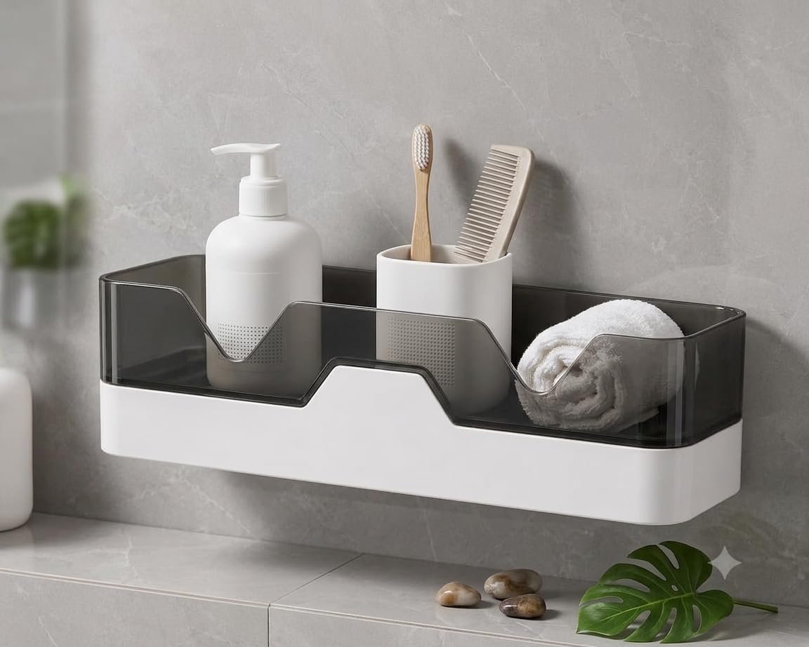 WallMounted Bathroom Shelf Organiser, NoDrill, White And Grey