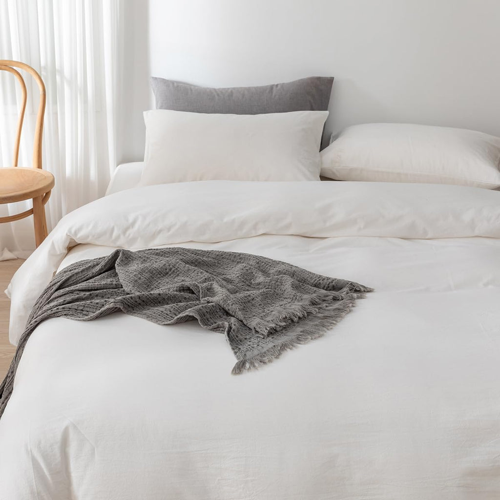 Ecocott White Duvet Cover Full Size, 100% Washed Cotton 1 Duvet Cover With Zipper And 2 Pillowcases, Ultra Soft And Easy Care Br