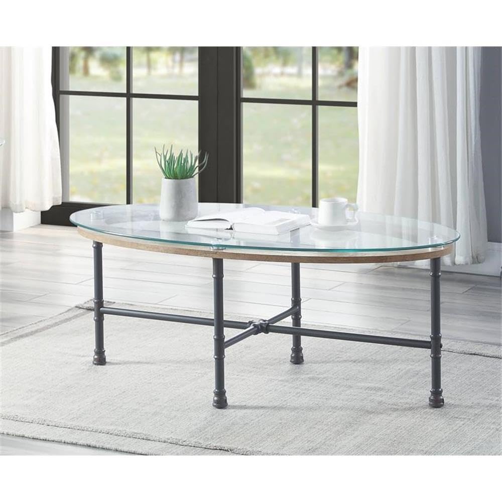 Acme Brantley Pipe Style Oval Glass Top Coffee Table - Thumbnail 3