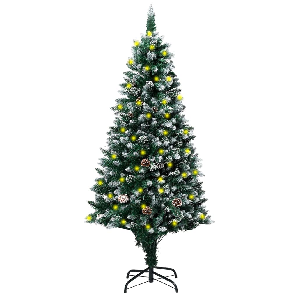 vidaXL Artificial Christmas Tree with LEDs, Pine Cones & White Snow – Lifelike PVC Christmas Decoration, Energy-Efficient, Reusable – Green & White, 59.1&quot;