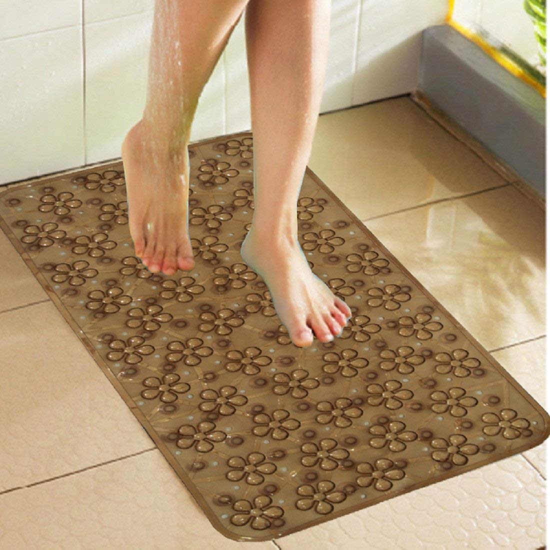 Kuber Industries 2 Pcs PVC Anti Skid Round Check Bath Mat for Wash Room with Foot Scrubber | Rectangle PVC Bathtub/Shower Mat Dr