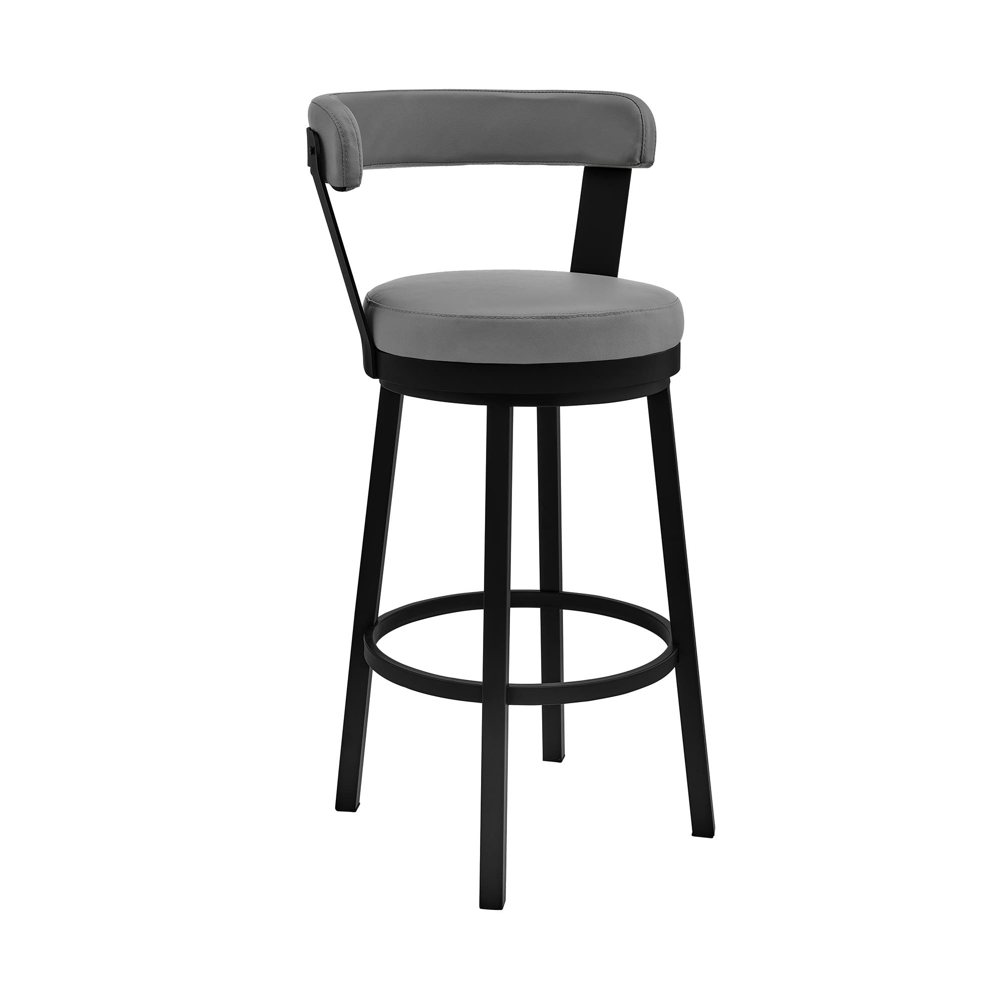 HomeRoots Gray Metal, Faux Leather 30' Chic Grey Faux Leather with Black Finish Swivel Bar Stool