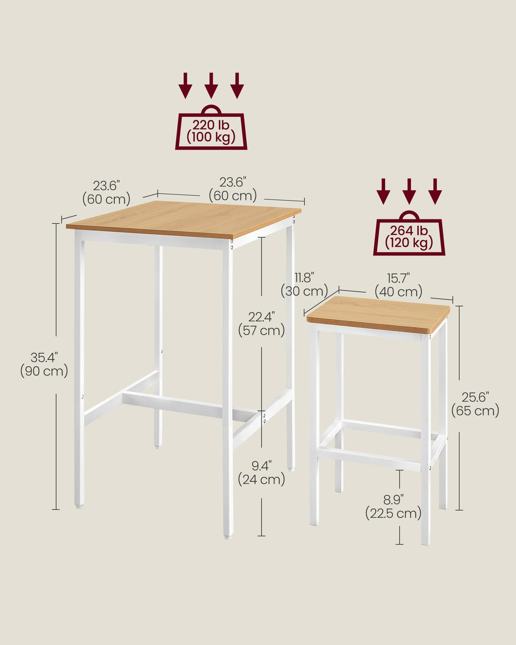 Vasagle Bar Table And Chairs Set, Square Bar Table With 2 Bar Stools, Dining Pub Bar Table Set For 2, Space Saving For Kitchen Breakfast, Living Room, Party Room, Golden Oak And Cloud White