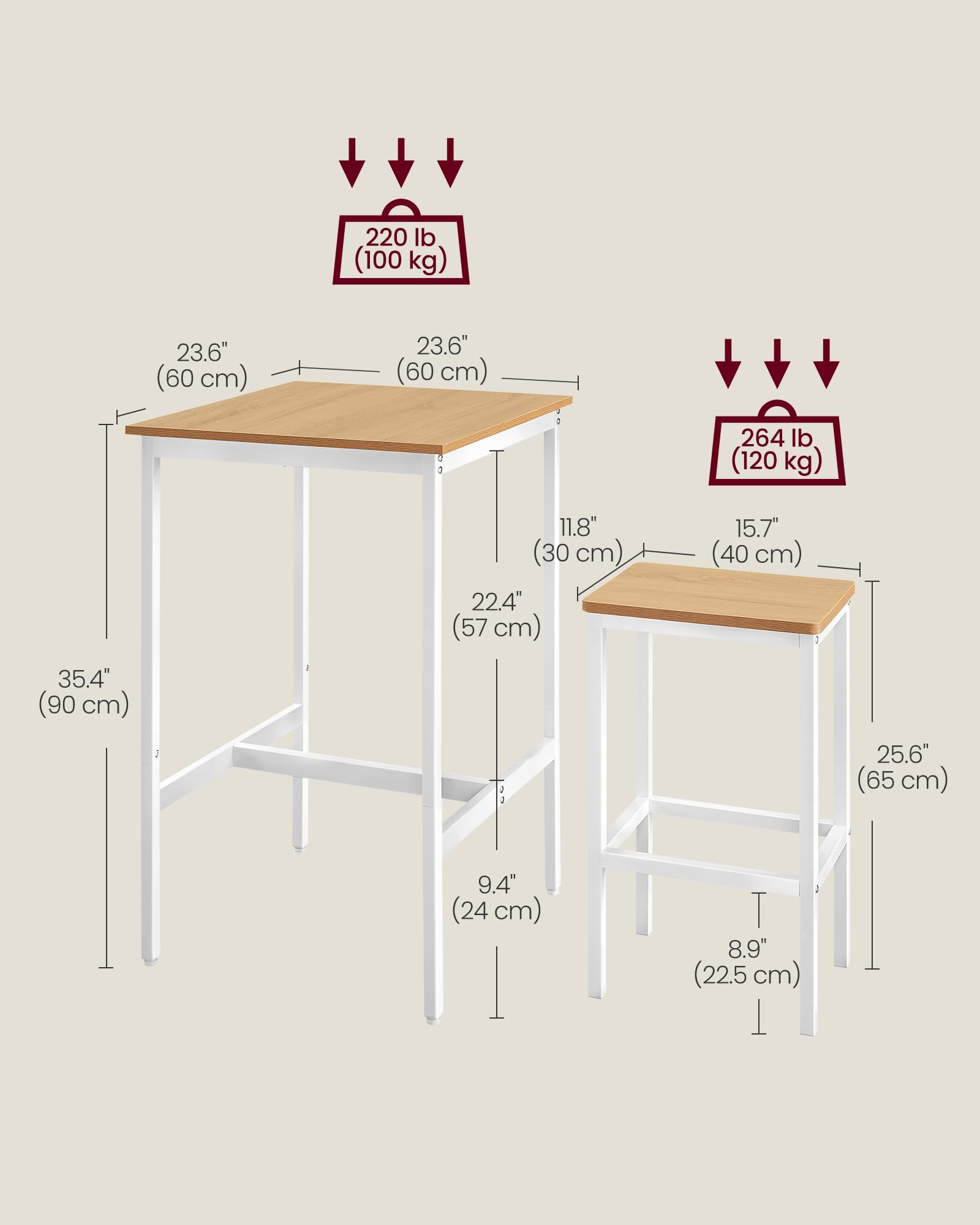 Vasagle Bar Table And Chairs Set, Square Bar Table With 2 Bar Stools, Dining Pub Bar Table Set For 2, Space Saving For Kitchen Breakfast, Living Room, Party Room, Golden Oak And Cloud White