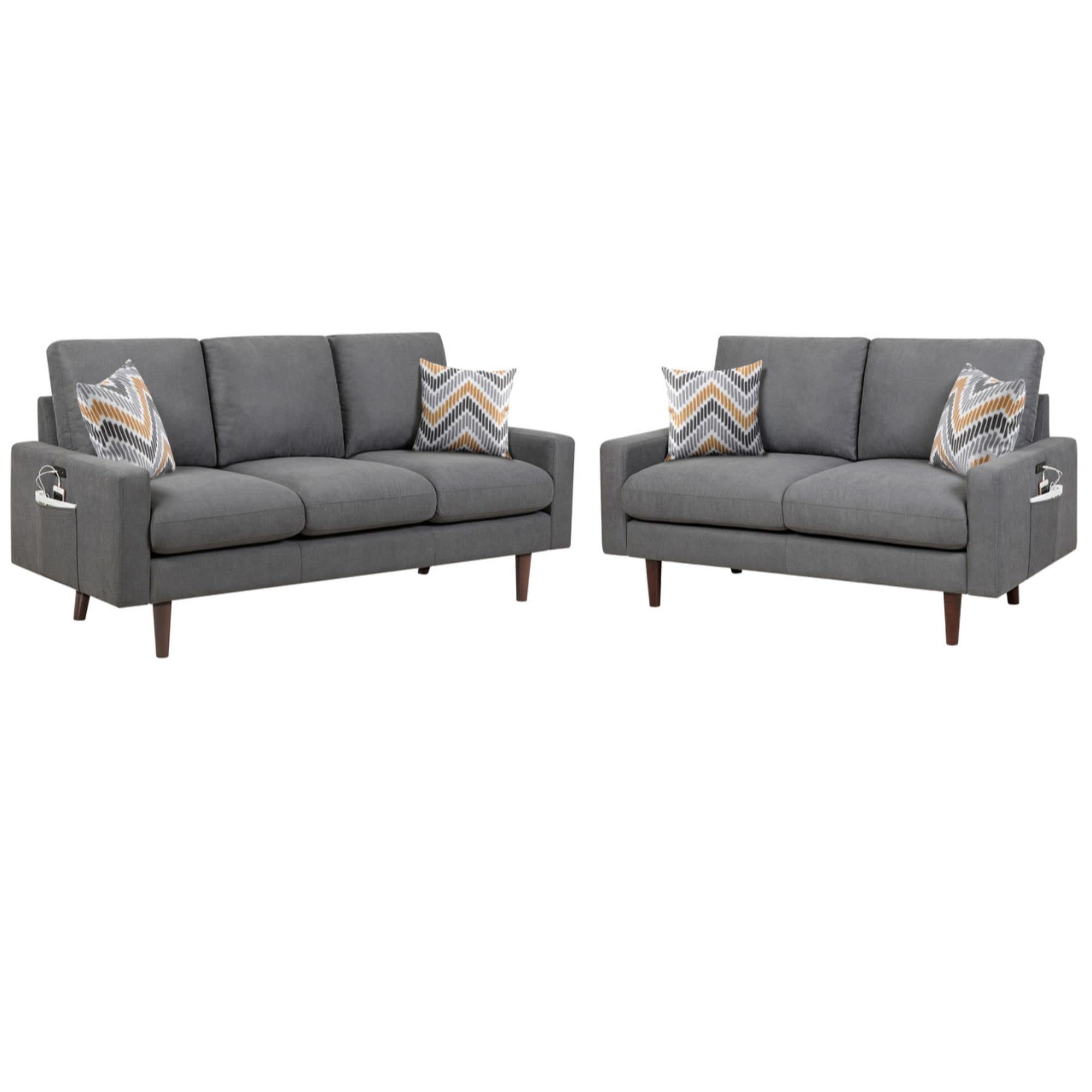 Lilola Home Abella Mid-Century Modern Dark Gray Woven Fabric Sofa And Loveseat Living Room Set With Usb Charging Ports & Pillows