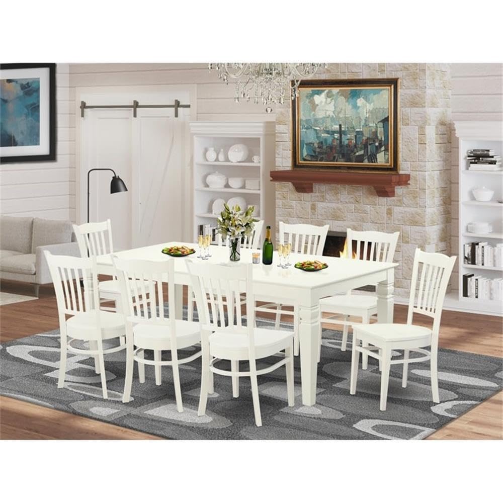 East West Furniture LGGR9-LWH-W 9 Piece Kitchen Table Set Includes a Rectangle Dining Table with Butterfly Leaf and 8 Dining Room Chairs, 42x84 Inch, Linen White