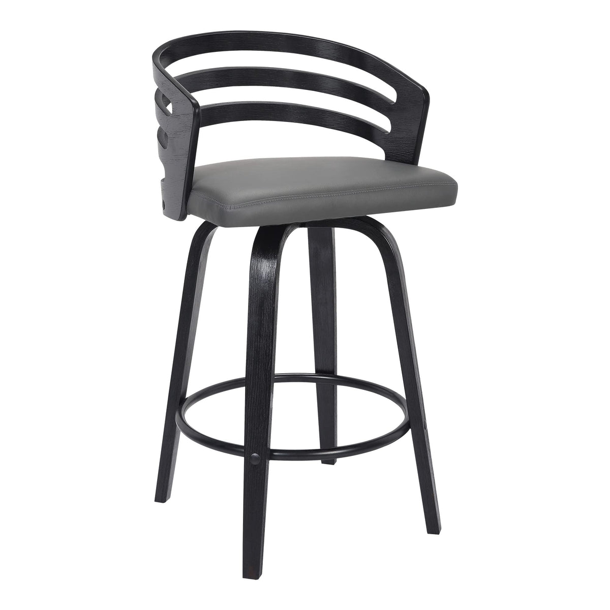 HomeRoots Black Steel,Faux Leather,Plywood 26' Gray Modern Faux Leather Swivel Bar Stool