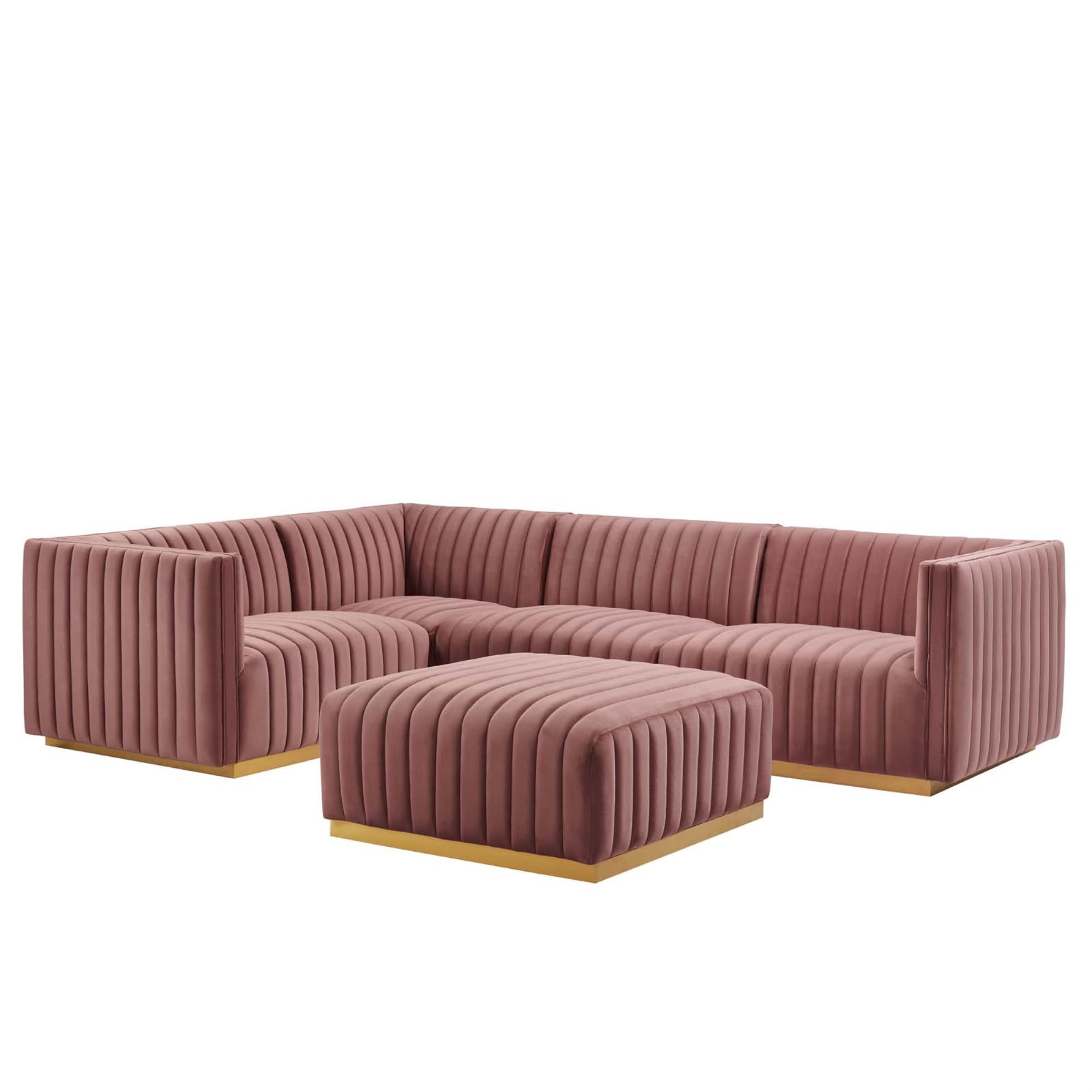 Modway Conjure 5-Piece Velvet Stainless Steel Sectional Sofa - Gold/Dusty Rose
