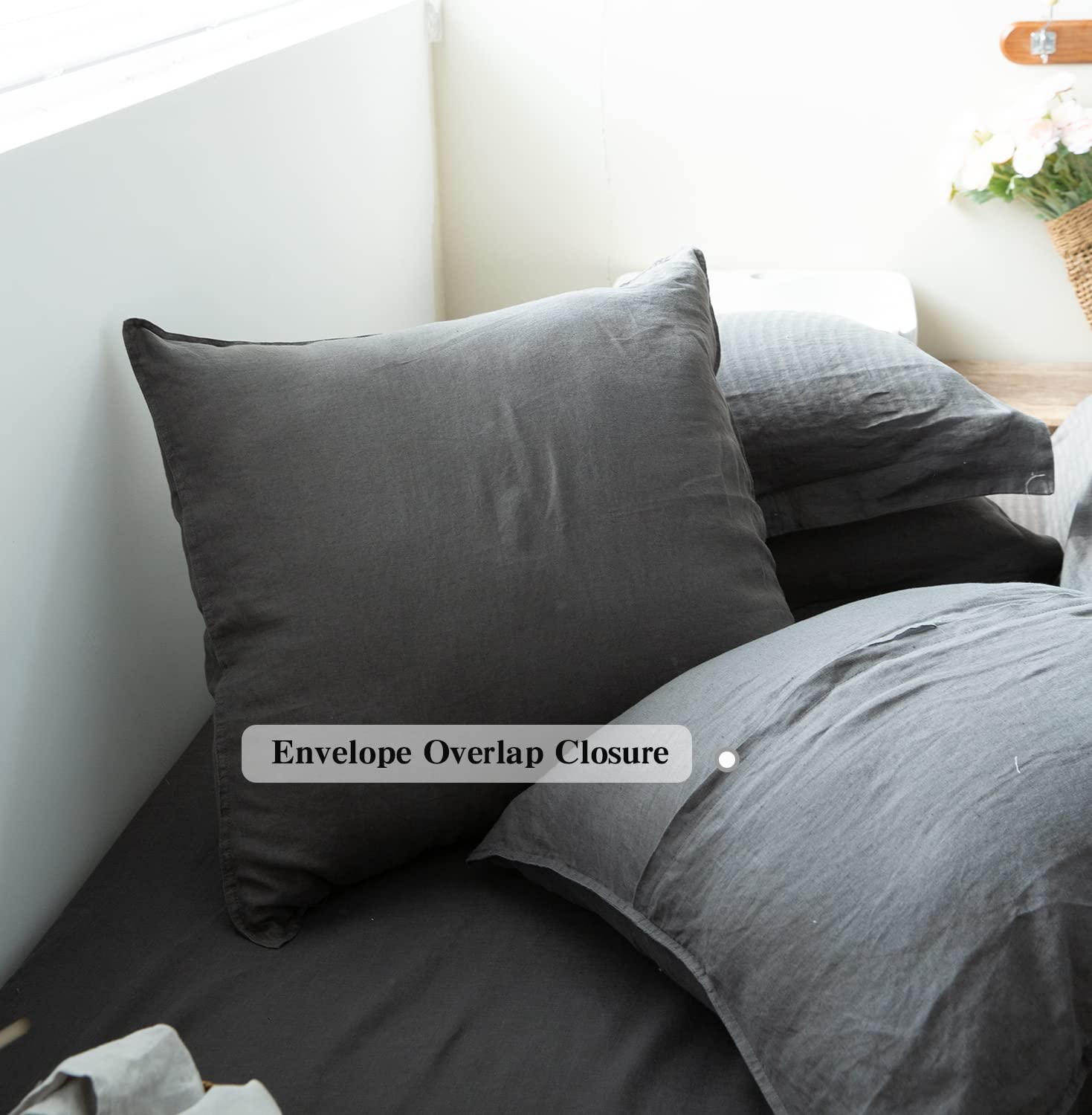 Simple&Opulence 100% Washed Linen Euro Shams Basic Style (26'' X 26'') - Pack Of 2 - Solid Color Pillow Shams Natural Flax Square Throw Pillow Covers - Dark Grey