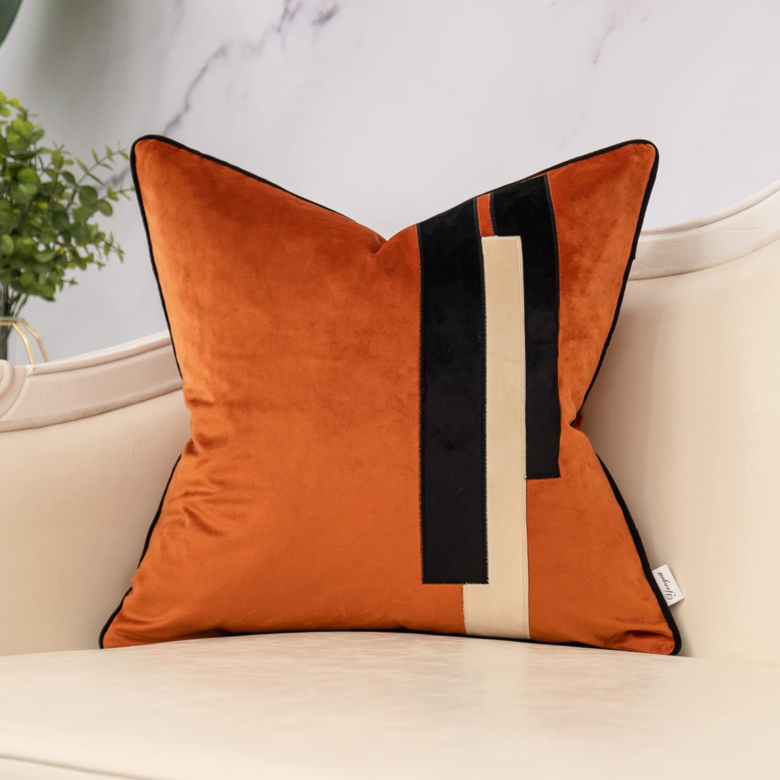 Yangest Burnt Orange Decorative Velvet Throw Pillow Cover Striped Patchwork Cushion Case Modern 20X20 Inch Pillowcase For Sofa C