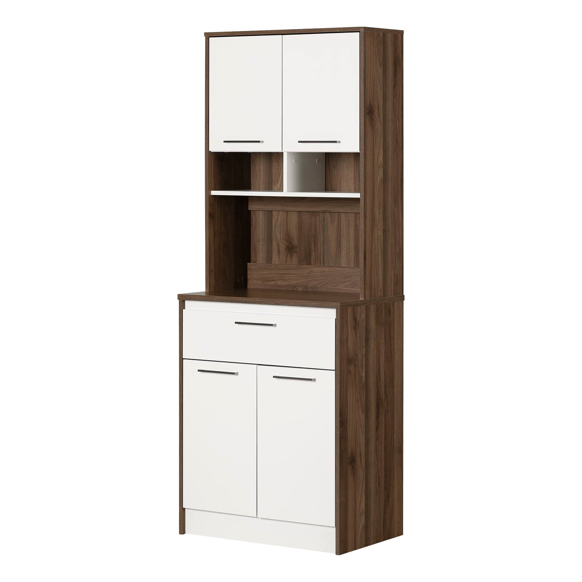 South Shore Myro Pantry Cabinet With Microwave Hutch, Natural Walnut And White