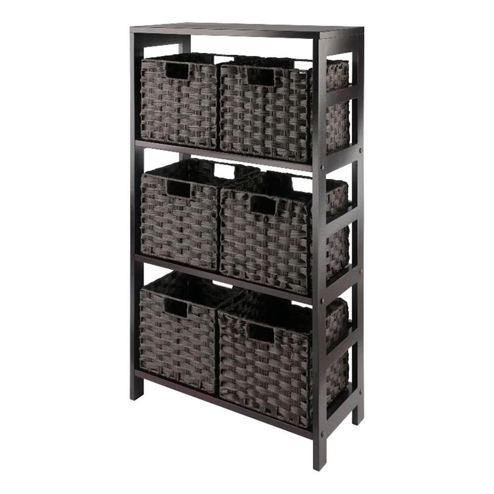 Winsome Leo 3-Tier Wide Storage Shelf with 6 Foldable Woven Baskets, for Living Room, Home Office, Bedroom, Espresso