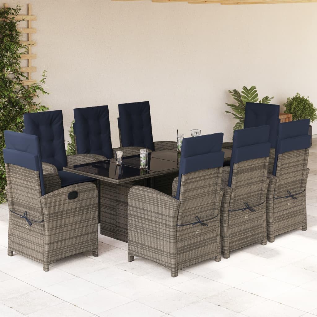 vidaXL 9-Piece Adjustable Patio Dining Set - Poly Rattan Outdoor Furniture with Reclining Chairs, Tempered Glass Table, Navy Cushions