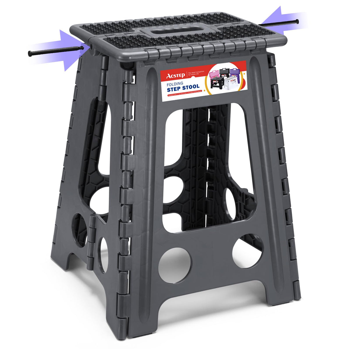 Acstep 17.5 Inch Folding Step Stool For Adults And Kids, Non-Slip Plastic Foldable Stepping Stool, Collapsible Folding Stool With Handle Holds Up To 400Lbs For Kitchen, Dot Grey (1 Pack)