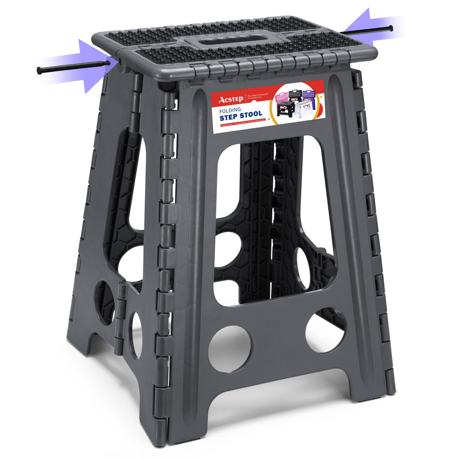 Acstep 17.5 Inch Folding Step Stool For Adults And Kids, Non-Slip Plastic Foldable Stepping Stool, Collapsible Folding Stool With Handle Holds Up To 400Lbs For Kitchen, Dot Grey (1 Pack)