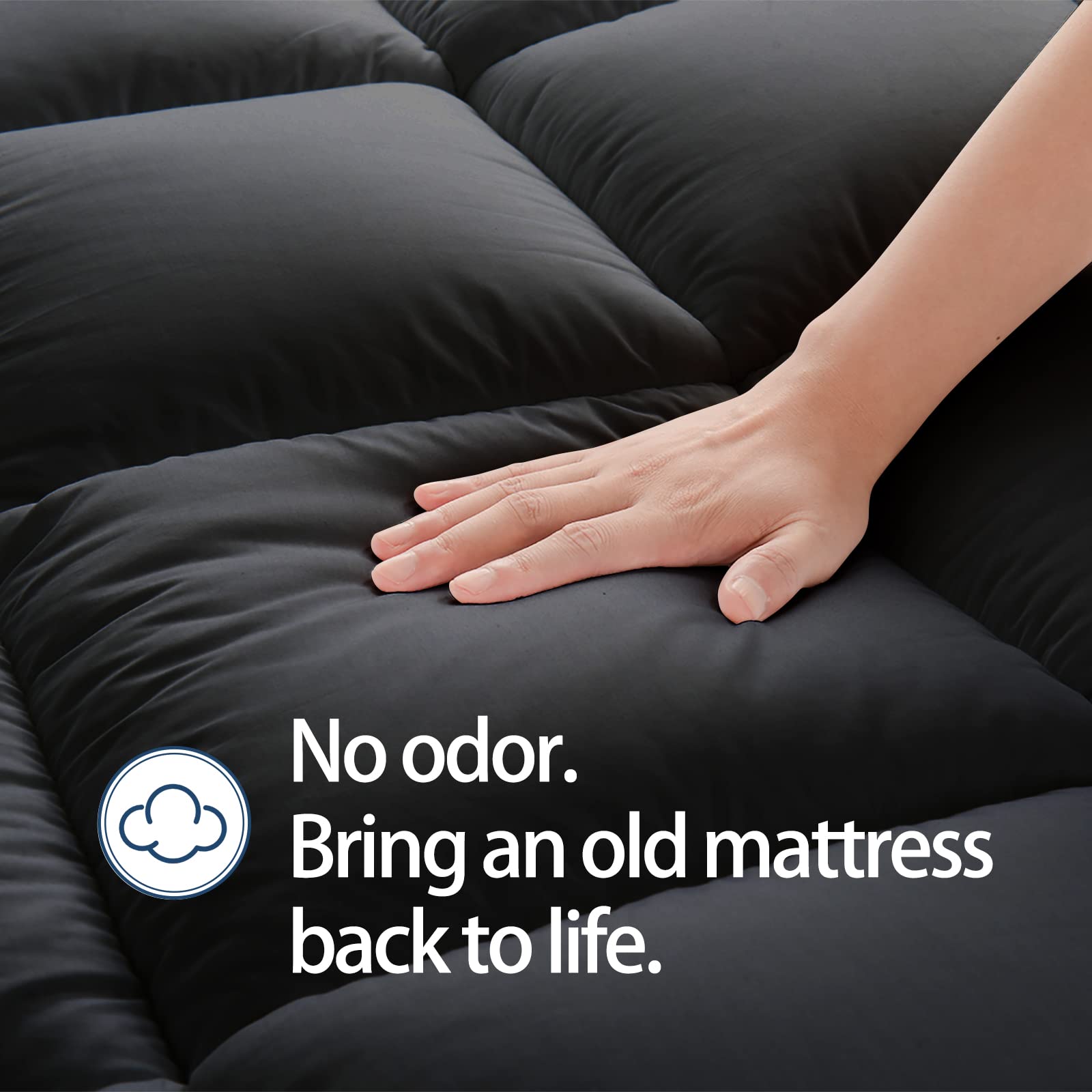 Mattress Topper Full For Back Pain, Extra Thick Mattress Pad Cover, Plush Pillow Top, Deep Elastic Pocket, Black
