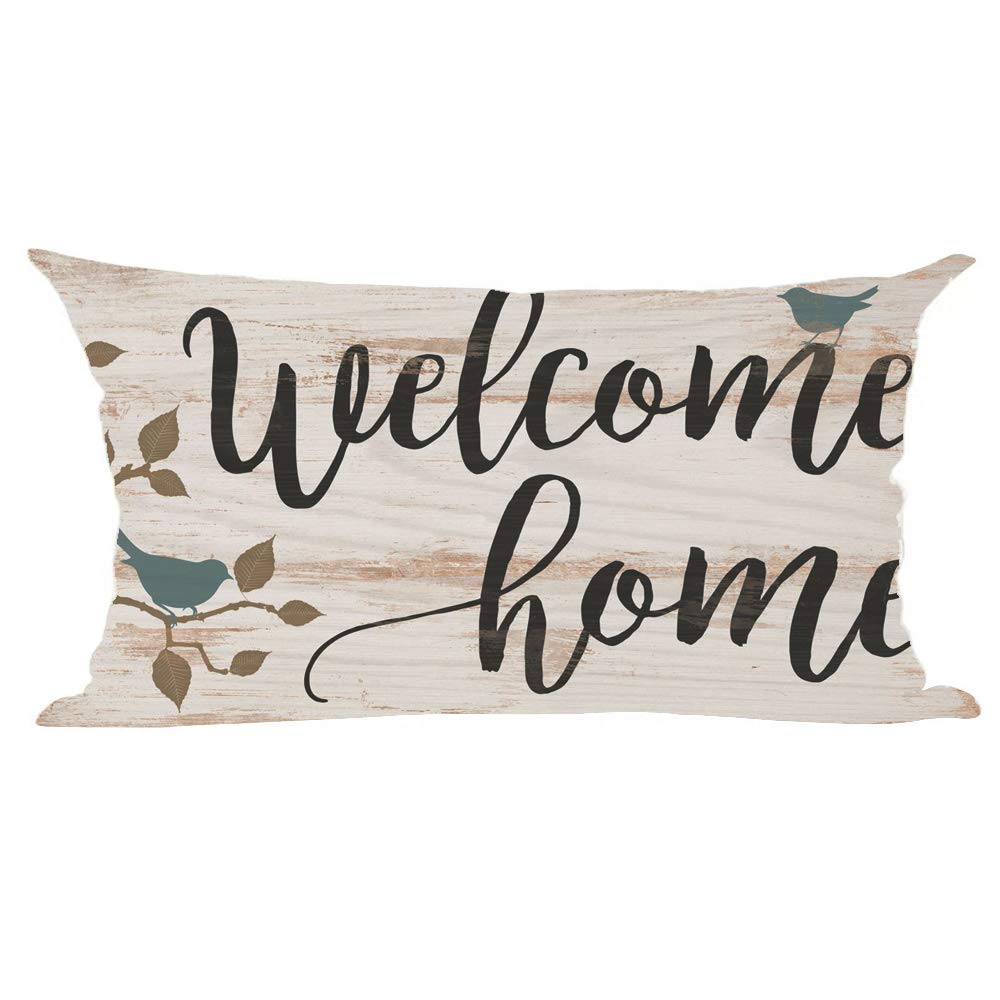 Ramirar Black Word Art Welcome Home Family Bird Retro Brown Wood Background Fall Decorative Lumbar Throw Pillow Cover Case Home