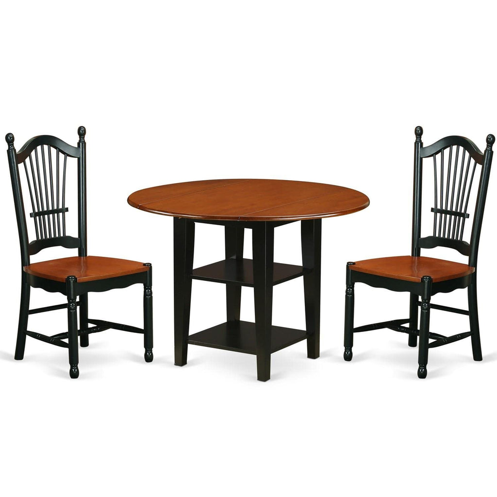 East West Furniture SUDO3-BCH-W 3 Piece Dining Set Contains a Round Dining Table with Dropleaf & Shelves and 2 Kitchen Chairs, 42x42 Inch, Black & Cherry