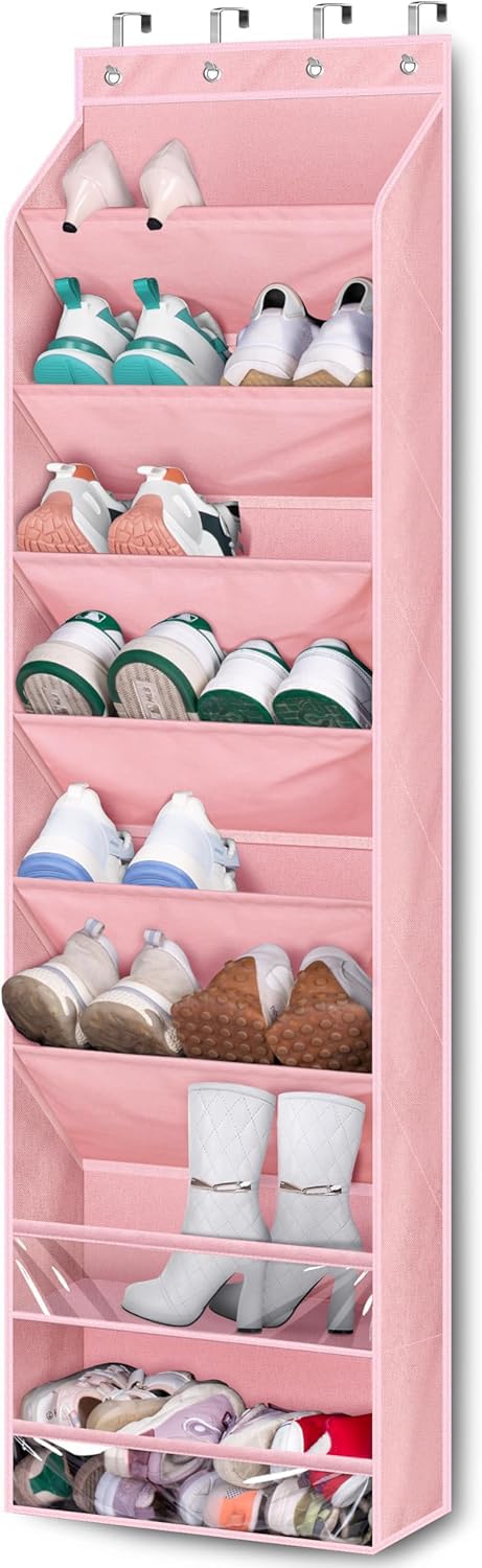 Keetdy Over The Door Shoe Organizer Fit 20 Pairs Sneakers Large Hanging Shoe Organizer For Closet Door Storage Boots, Pink