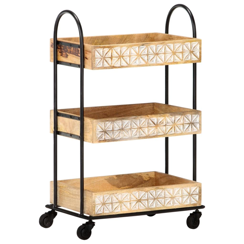 vidaXL 3-Tier Kitchen Trolley - Solid Mango Wood with Hand-Carved Patterns, Compact Size, Mobile Storage Unit for Kitchen - 18.1&quot;x11.8&quot;x29.9&quot;