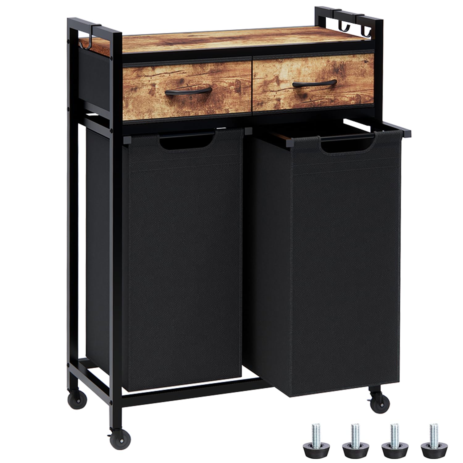 Timberer Laundry Hamper, Laundry Sorter 2 Section, Rolling Laundry Basket with Wheels, 2 Drawers, 2    14.5 Gal (55 L), Pull-Out