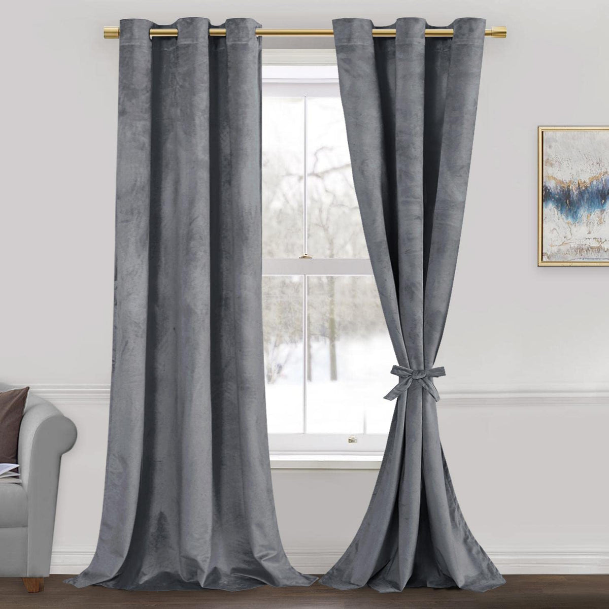 Jiuzhen Grey 42 X 84 Inches Velvet Blackout Curtains - Retro Luxury Insulated Window Covering Noise Absorbing & Privacy Protect