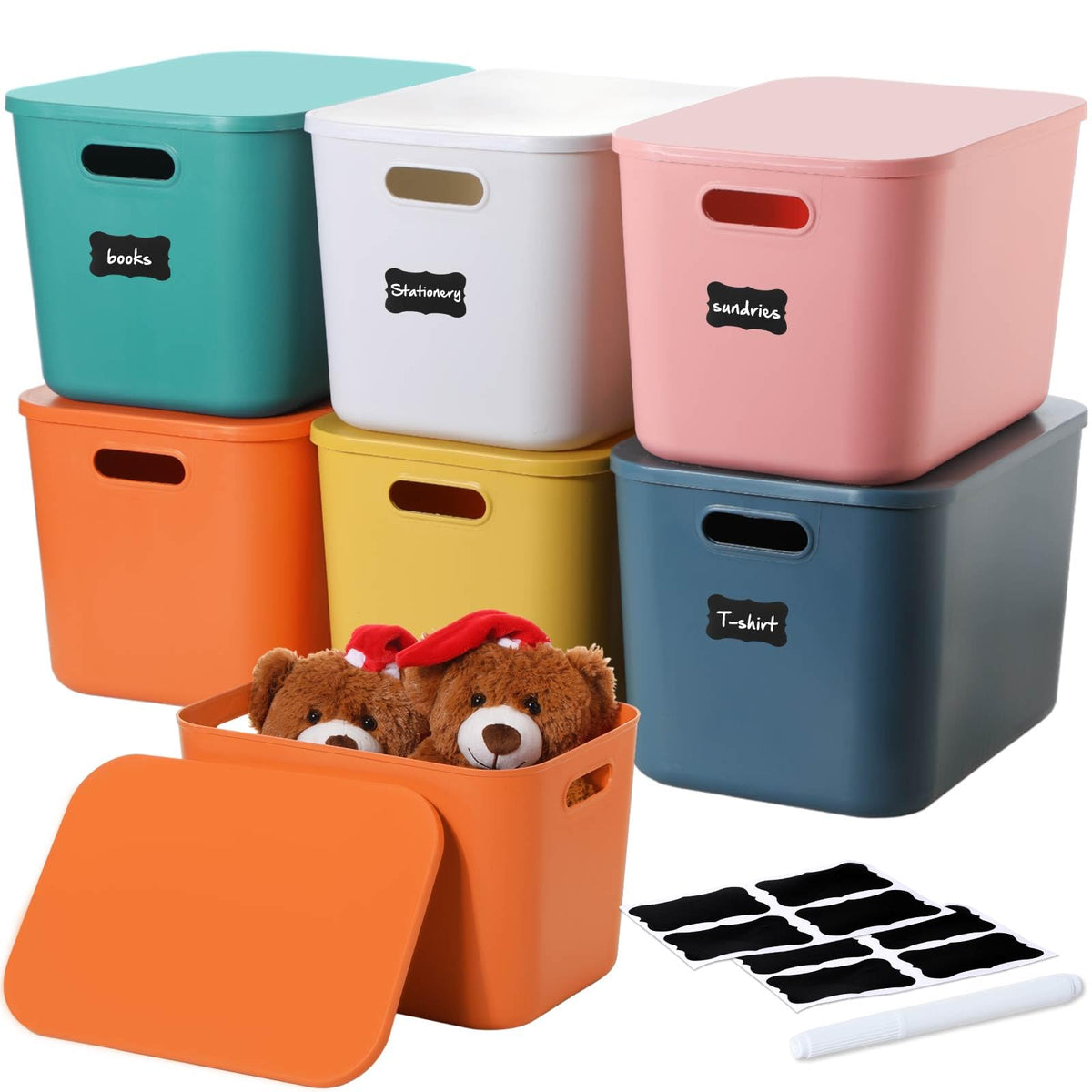 Thyle 6 Pcs 14 In Colorful Plastic Storage Bins 6 Colors Stackable Large Capacity Plastic Desktop Storage Box with Handles Lids,