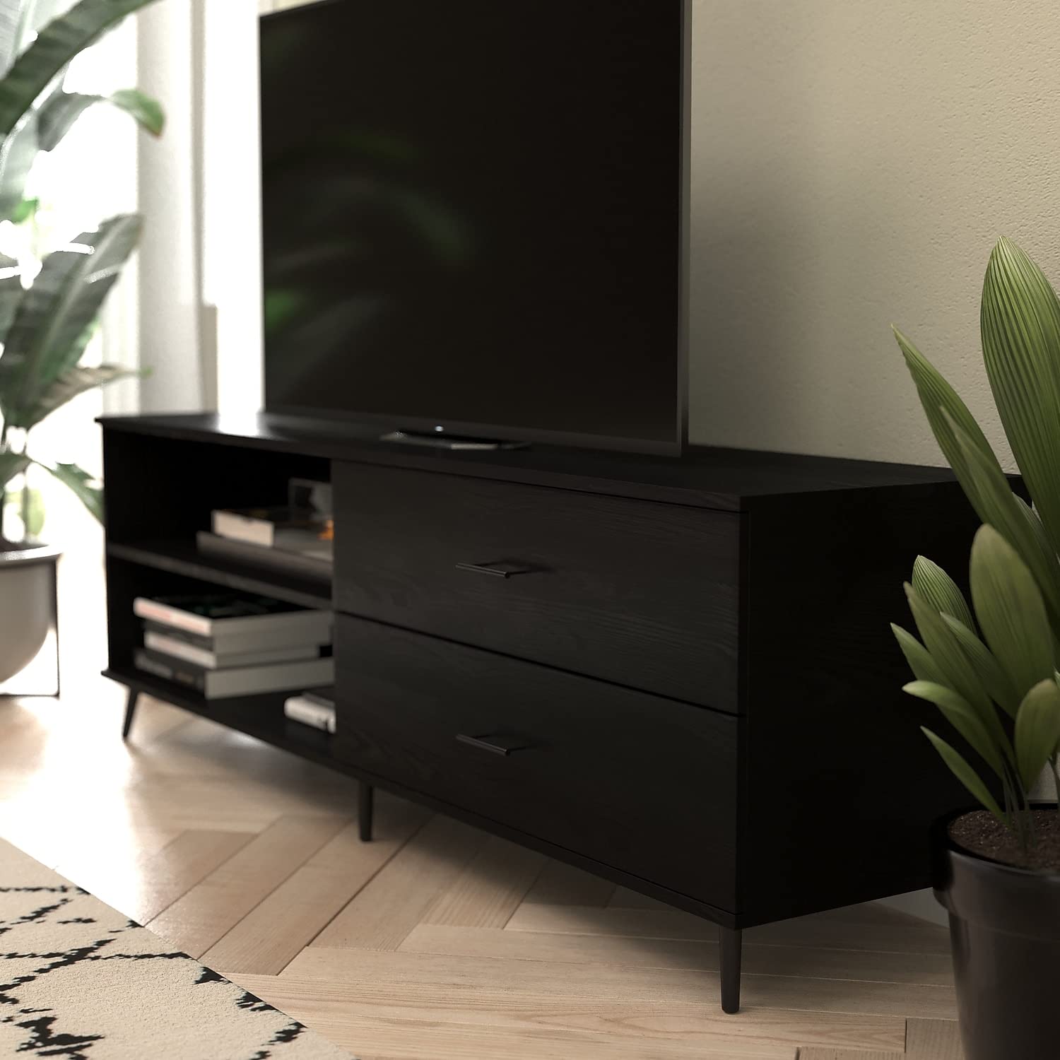 Flash Furniture Nelson Mid Century Modern Tv Stand For Up To 60&Quot; Tv'S - Black Finish - 65&Quot; Wide - Adjustable Shelf - 2 Storage Drawers
