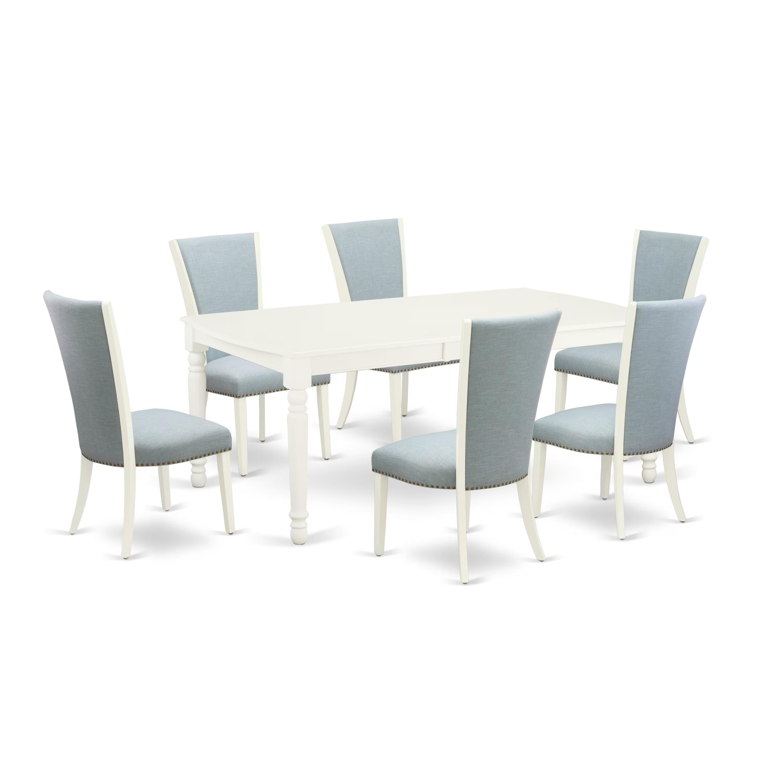 East West Furniture Dove7-Lwh-15 7 Piece Dinette Set Consist Of A Rectangle Dining Room Table With Butterfly Leaf And 6 Baby Blue Linen Fabric Parson Dining Chairs, 42X78 Inch, Linen White