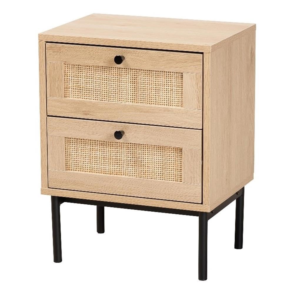 Baxton Studio Sherwin Mid-Century Modern Light Brown and Black 2-Drawer End Table with Woven Rattan Accent