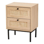 Baxton Studio Sherwin Mid-Century Modern Light Brown and Black 2-Drawer End Table with Woven Rattan Accent
