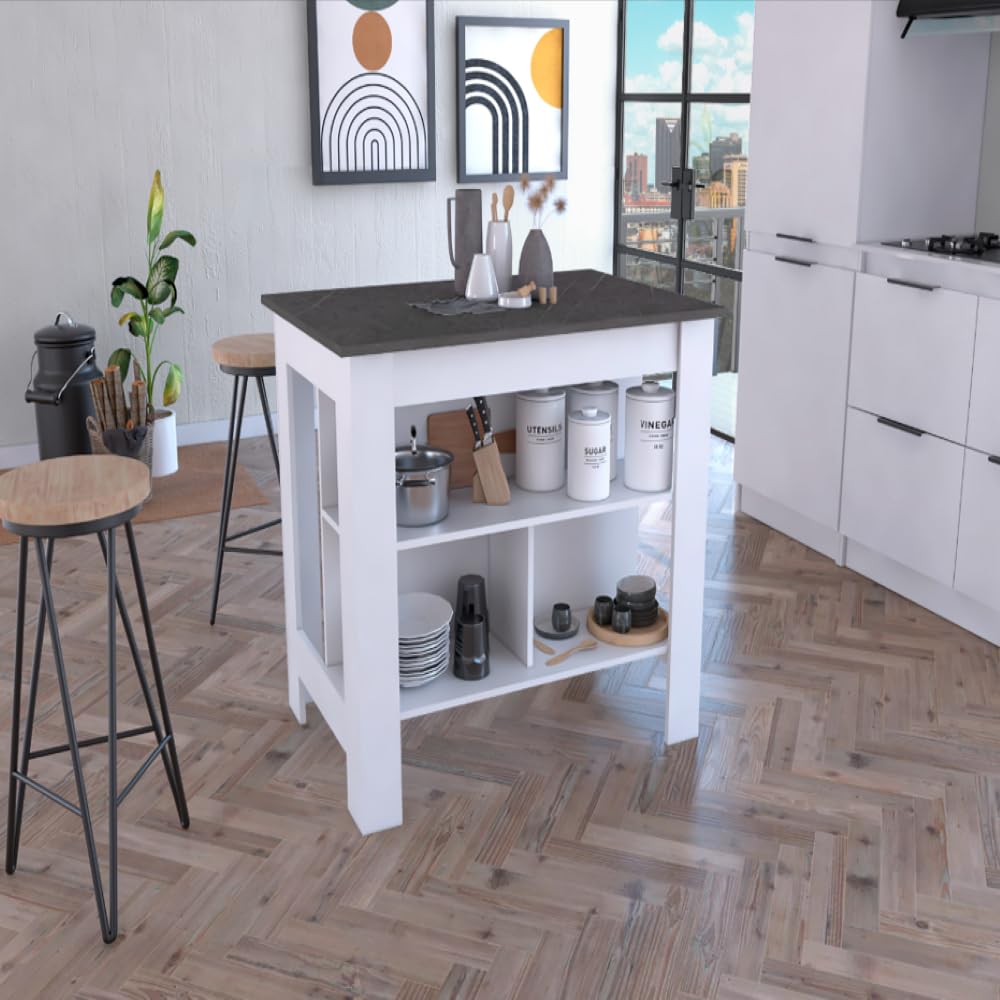 Kitchen Island Dozza, Three Shelves - White/Onyx