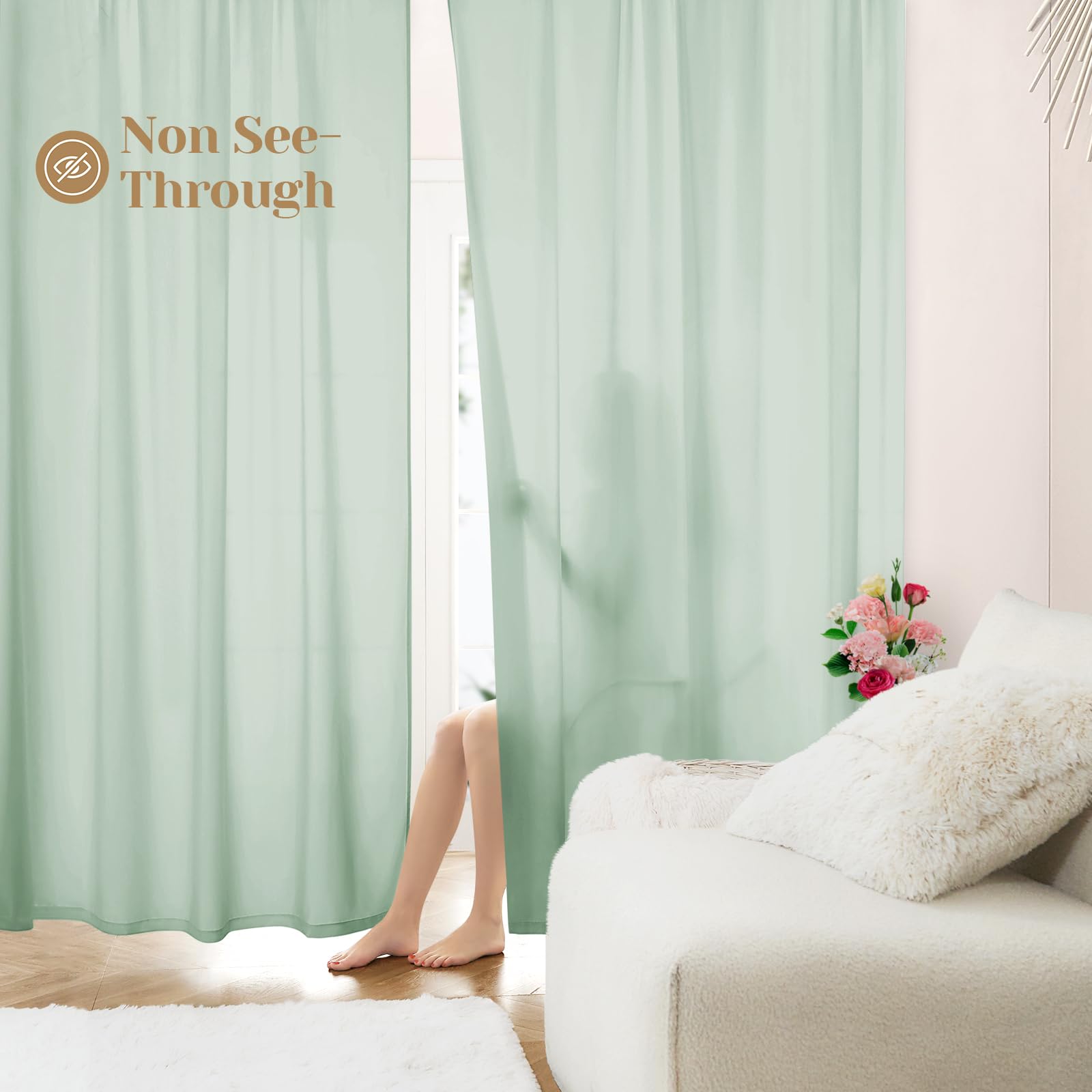 Homeideas Non-See-Through Sage Green Privacy Sheer Curtains 52 X 45 Inches Long 2 Panels Sheer Curtains Light Filtering Window Curtains Drapes For Bedroom Living Room