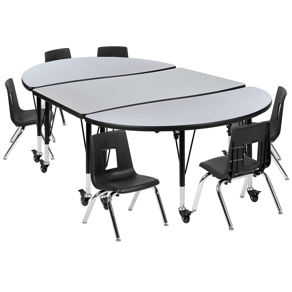 Flash Furniture Mobile 76" Oval Wave Collaborative Laminate Activity Table Set With 14" Student Stack Chairs, Grey/Black
