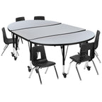 Flash Furniture Mobile 76" Oval Wave Collaborative Laminate Activity Table Set With 14" Student Stack Chairs, Grey/Black