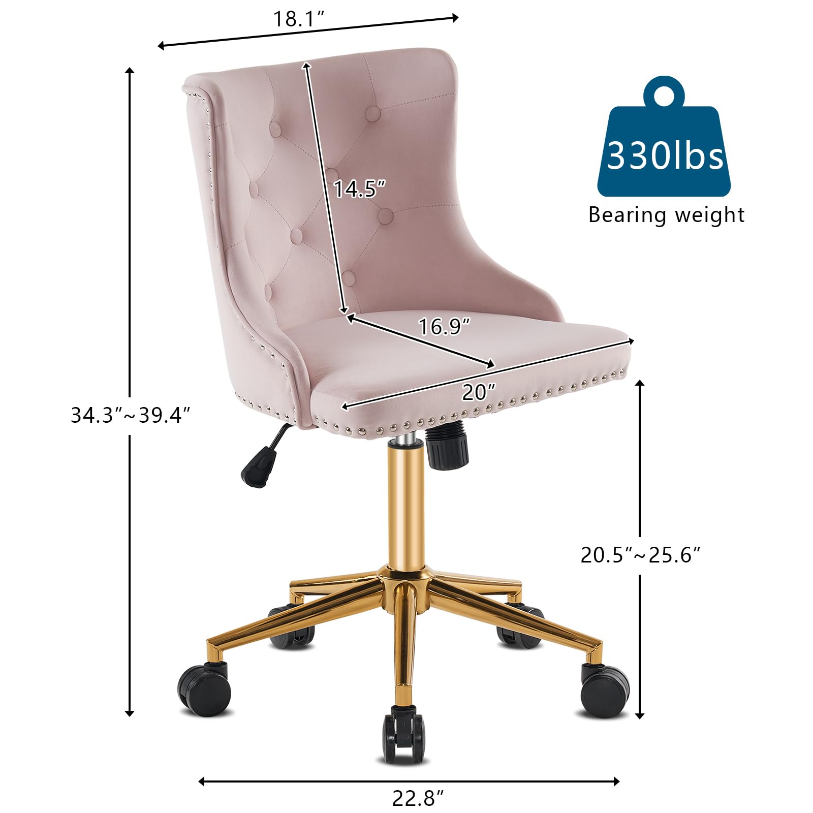 Vingli Light Pink Velvet Armless Home Office Desk Chair With Gold Base/Wheels,Cute Vanity/Makeup Chair With Back For Bedroom, Upholstered Adjustable Rolling Swivel Nail Chair For Women/Girls