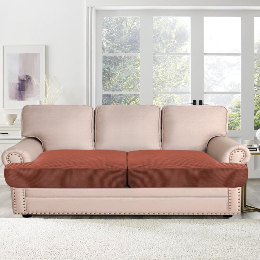 H.Versailtex Stretch 2 Piece T Cushion Sofa Slipcovers Individually Sofa Cushion Covers For 2 Cushion Couch Sofa Seat Cushion Covers With Elastic Bands Featuring Thicker Jacquard Fabric, Rust
