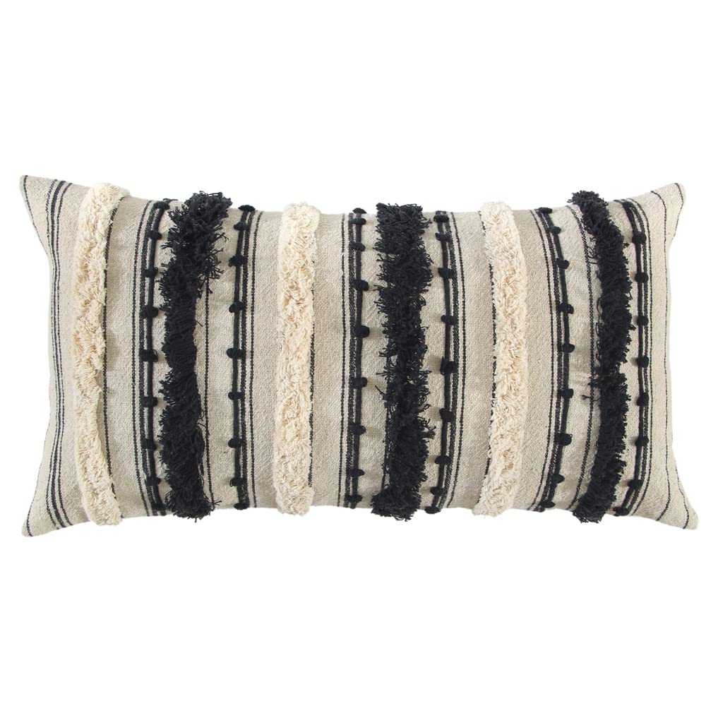 Rizzy Home Stripe 14&quot; x 26&quot; Down Pillow with Textured Cotton Cover-Natural/Black