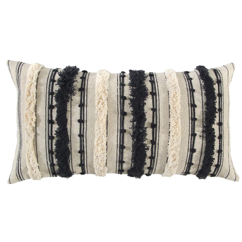Rizzy Home Stripe 14" x 26" Down Pillow with Textured Cotton Cover-Natural/Black