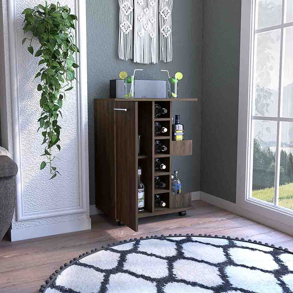 DEPOT E-SHOP Magda 32-inch Tall Bar Cart with Cabinet, 2 Interior Shelves, 2 Open Shelves, and 6 Wine Cubbies, Dark Walnut