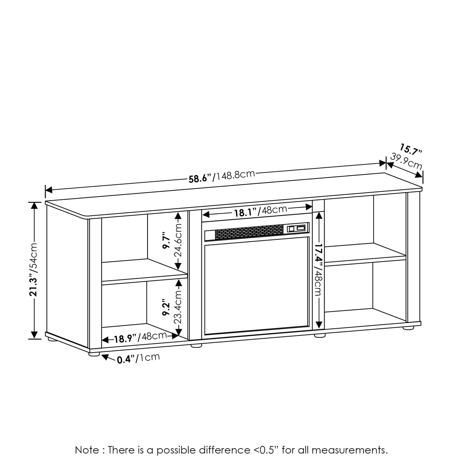 Furinno Classic 60 Inch TV Stand with Fireplace, Solid White