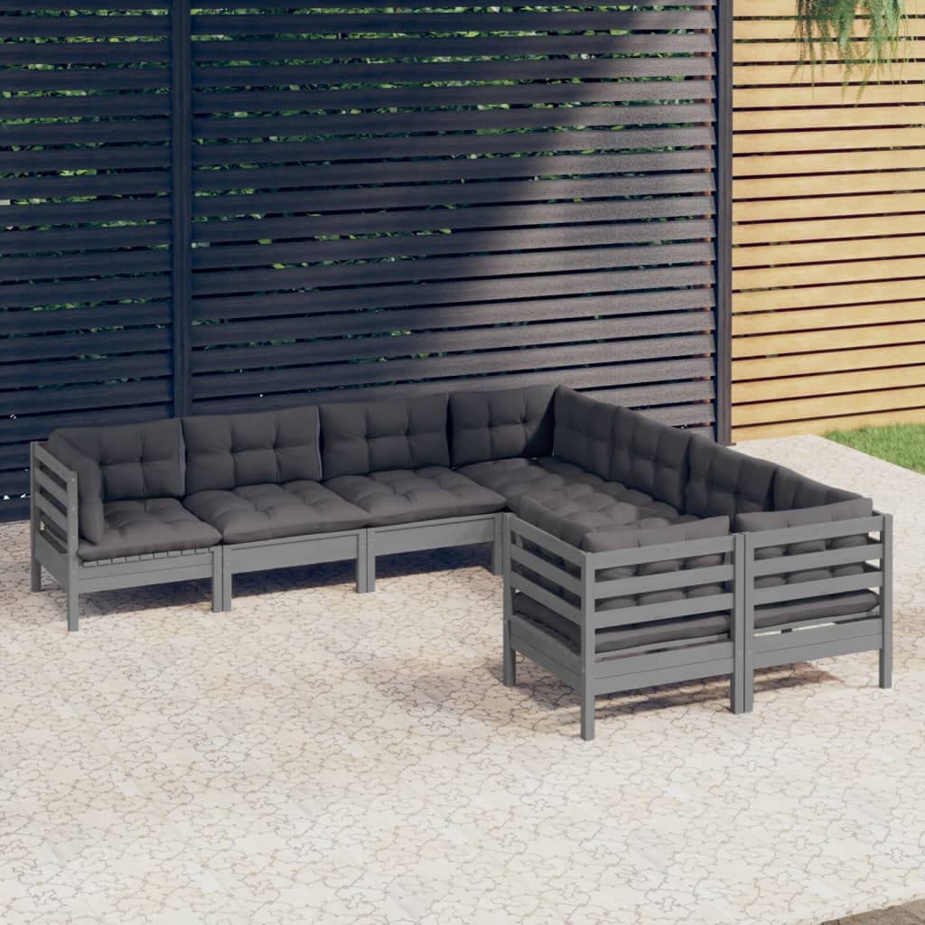 vidaXL Solid Pinewood Patio Lounge Set 8 Piece with Cushions Garden Outdoor Lawn Yard Terrace Balcony Wooden Seat Seating Furniture Gray