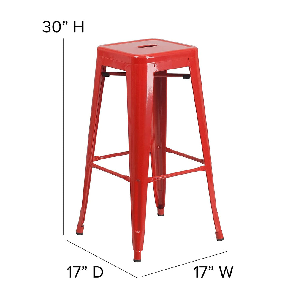 30 Inch Ht Backless Indoor/Outdoor Barstool, Red Metal, Square Seat