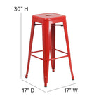 30 Inch Ht Backless Indoor/Outdoor Barstool, Red Metal, Square Seat