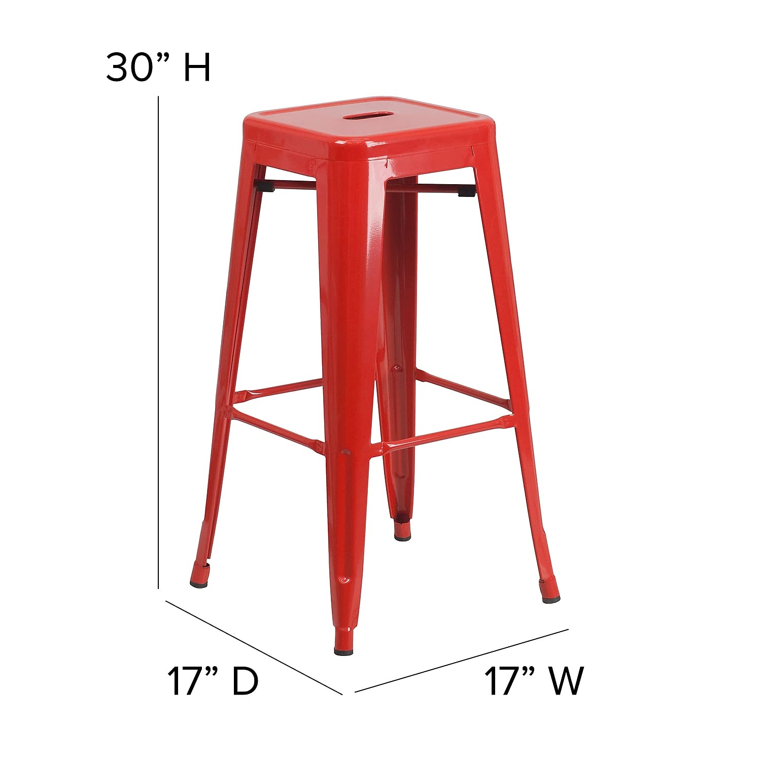 30 Inch Ht Backless Indoor/Outdoor Barstool, Red Metal, Square Seat