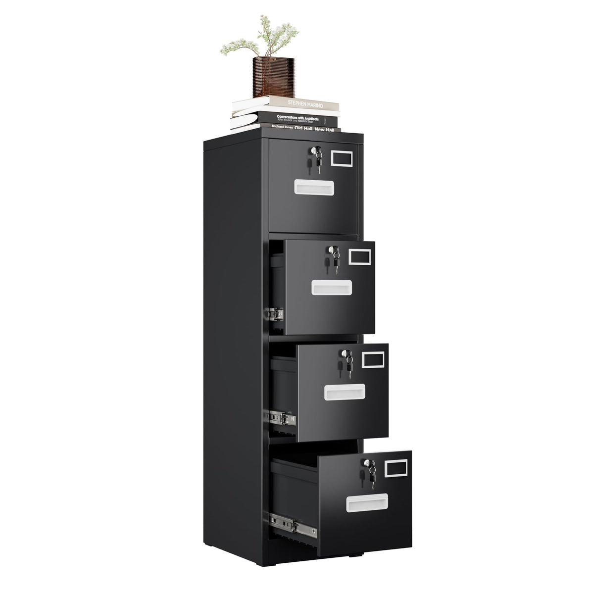 Gangmei 4 Drawer Metal Vertical File Cabinet With 4 Independent Locks, Home Office File Cabinet With Card Holder For Letter/Lega