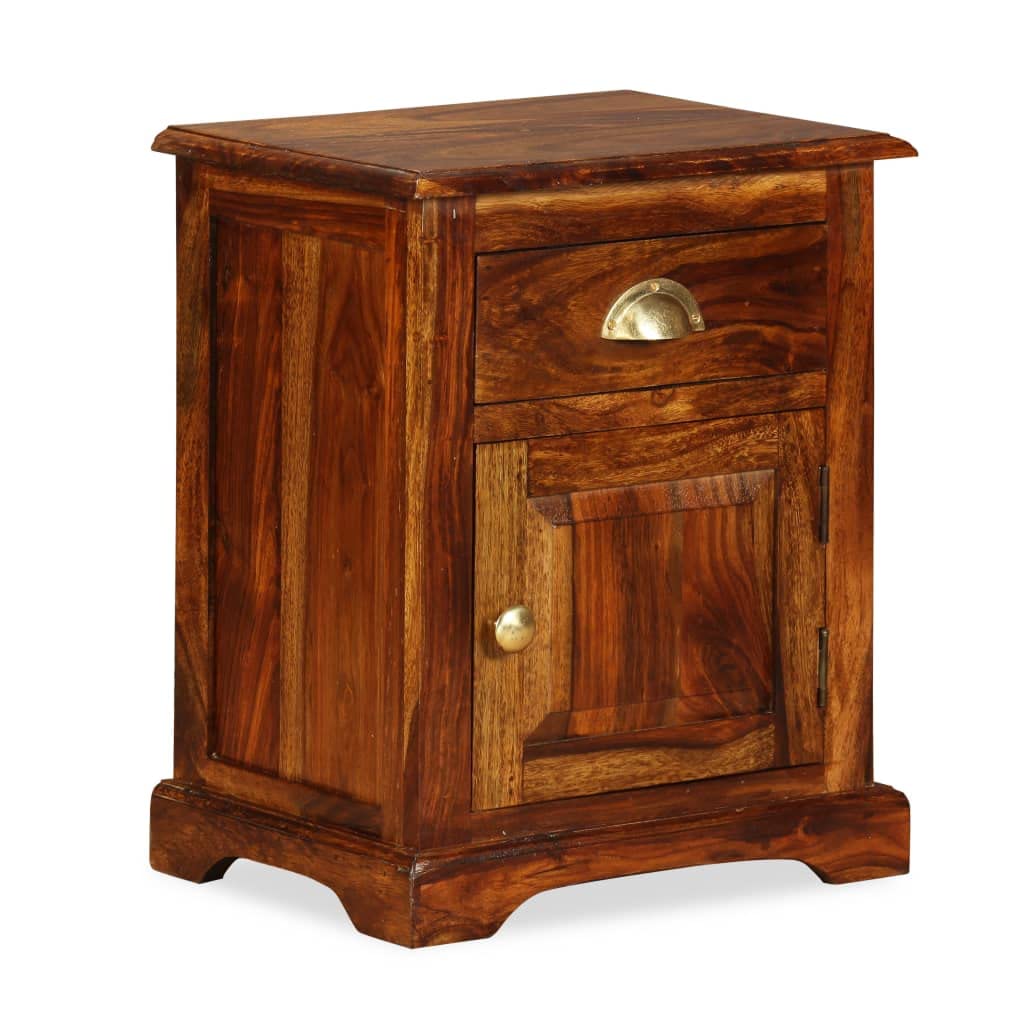 vidaXL Solid Sheesham Wood Bedside Cabinet - Brown Farmhouse Style Side Table Bedside with Drawer and Door, Honey Finish, Handmade