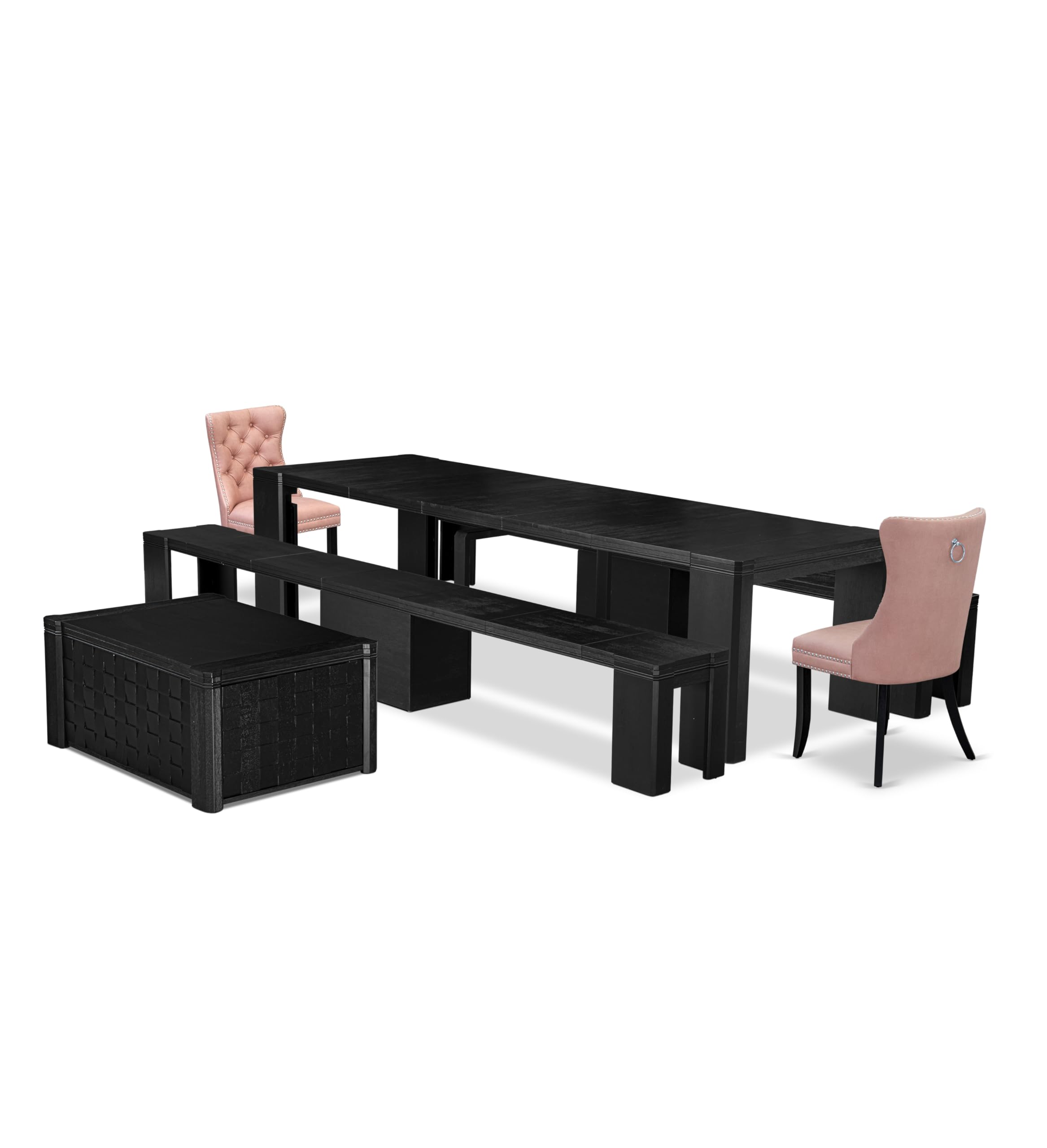 Luxe by East West Furniture - X02DA-2C6-23 - 6-pc Dining Table Set a Kitchen Table with a coffee Table and 2 wooden Benches and 2 Beige Red Faux Leather Dining Chair, 39x120 Inch, Wire Brushed Black